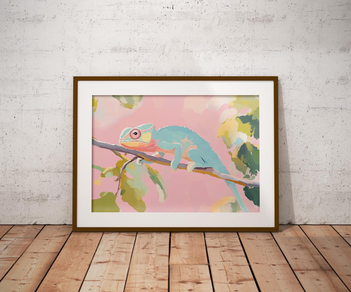 Blue Pink Chameleon Branch Pastel Reptile Portrait Wildlife Poster - Image 2