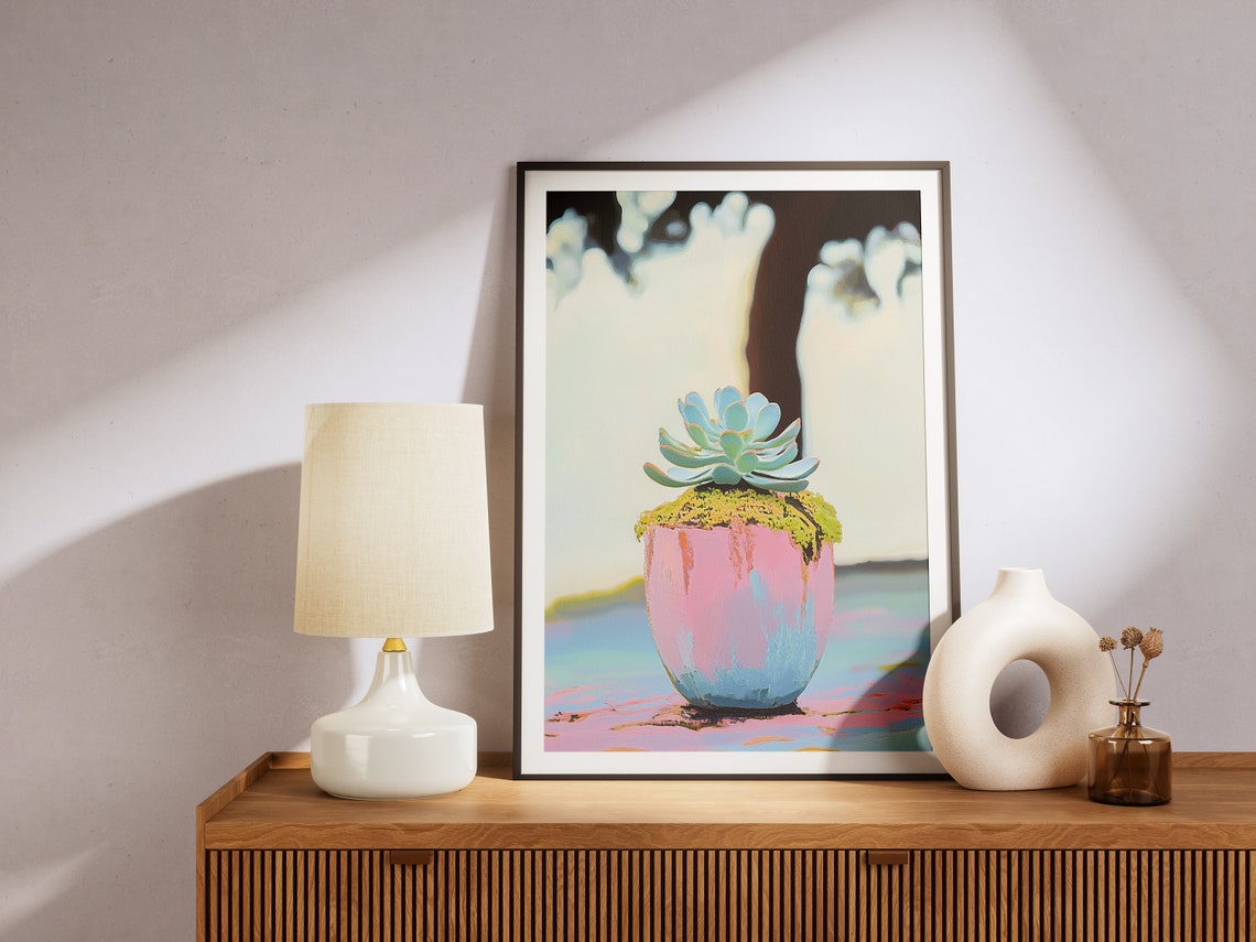 Teal Succulent In Pink Blue Pot Sunlit Pastel Botanical Art Print - Image 2