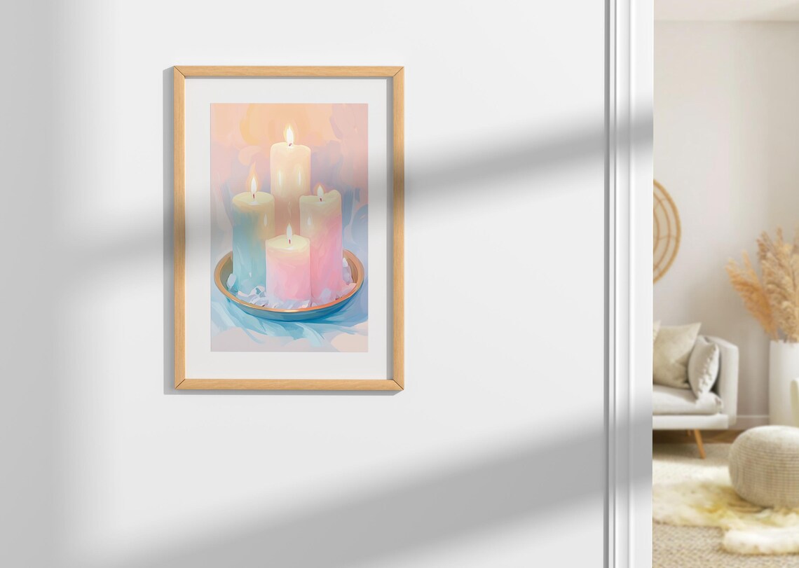 Four Lit Pastel Pillar Candles On A Gold Tray Cozy Glow Art Poster - Image 2
