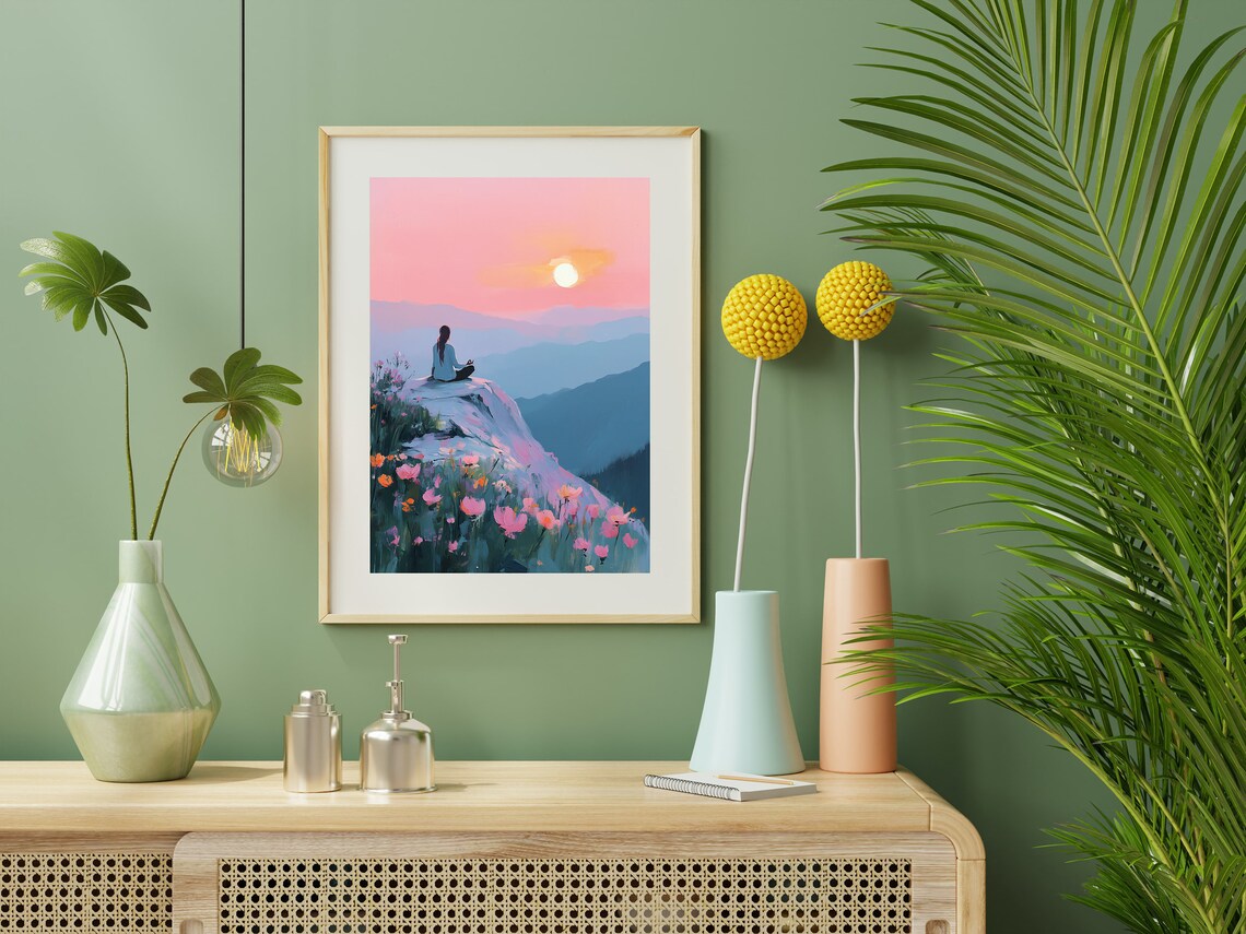 Woman Meditating at Pink Sunrise Mountain View Travel Poster - Image 2