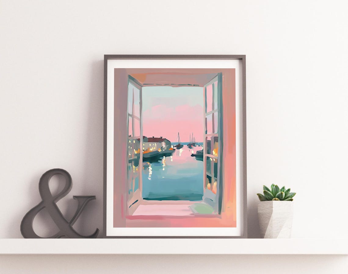 Open Window Harbor View Dusk Boats Pink Sky Coastal Art Poster - Image 2