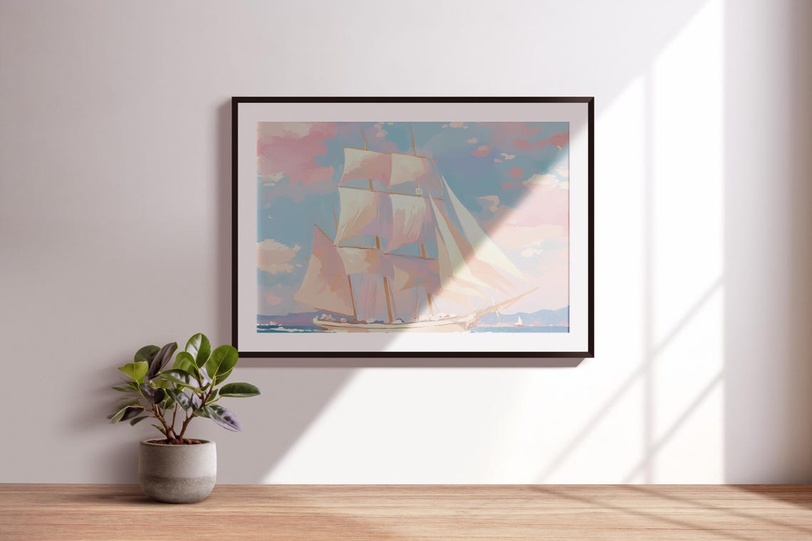 Tall Ship White Sails Pink Clouds Blue Ocean Vintage Sailing Poster - Image 3