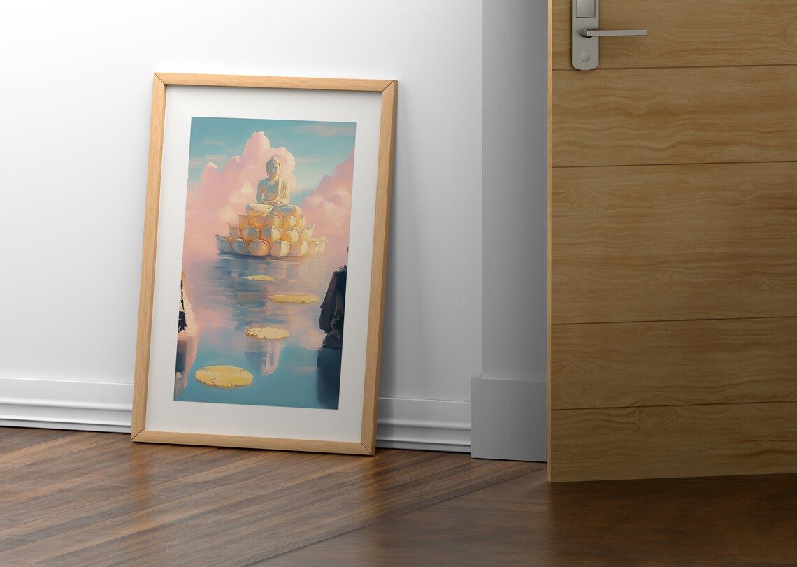 Buddha on Lotus Throne Floating Over Calm Water Pastel Spiritual Poster - Image 2