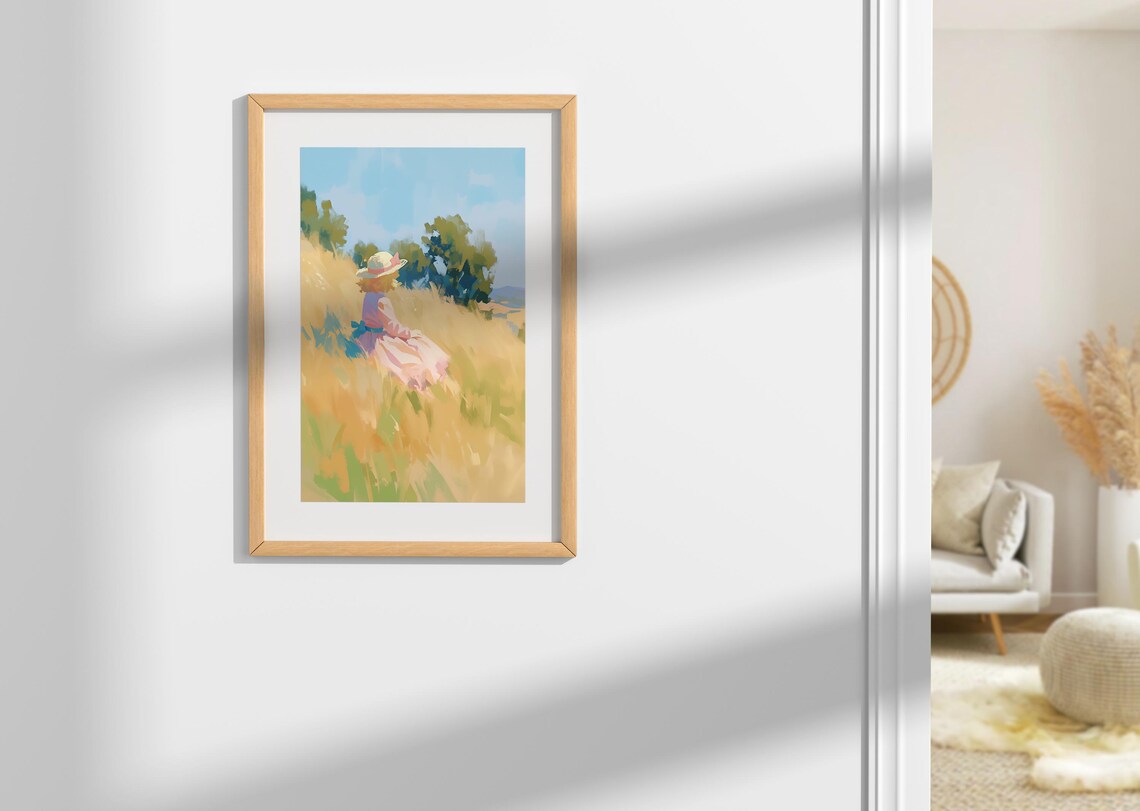 Girl Straw Hat Pink Ribbon Golden Wheat Meadow Blue Sky Watercolor Wall Art - Image 4