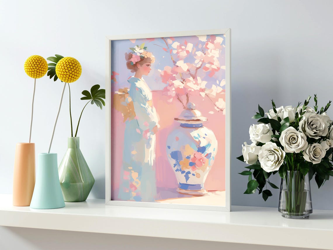 Kimono Woman Ginger Jar Cherry Blossoms Japanese Inspired Art Poster - Image 2