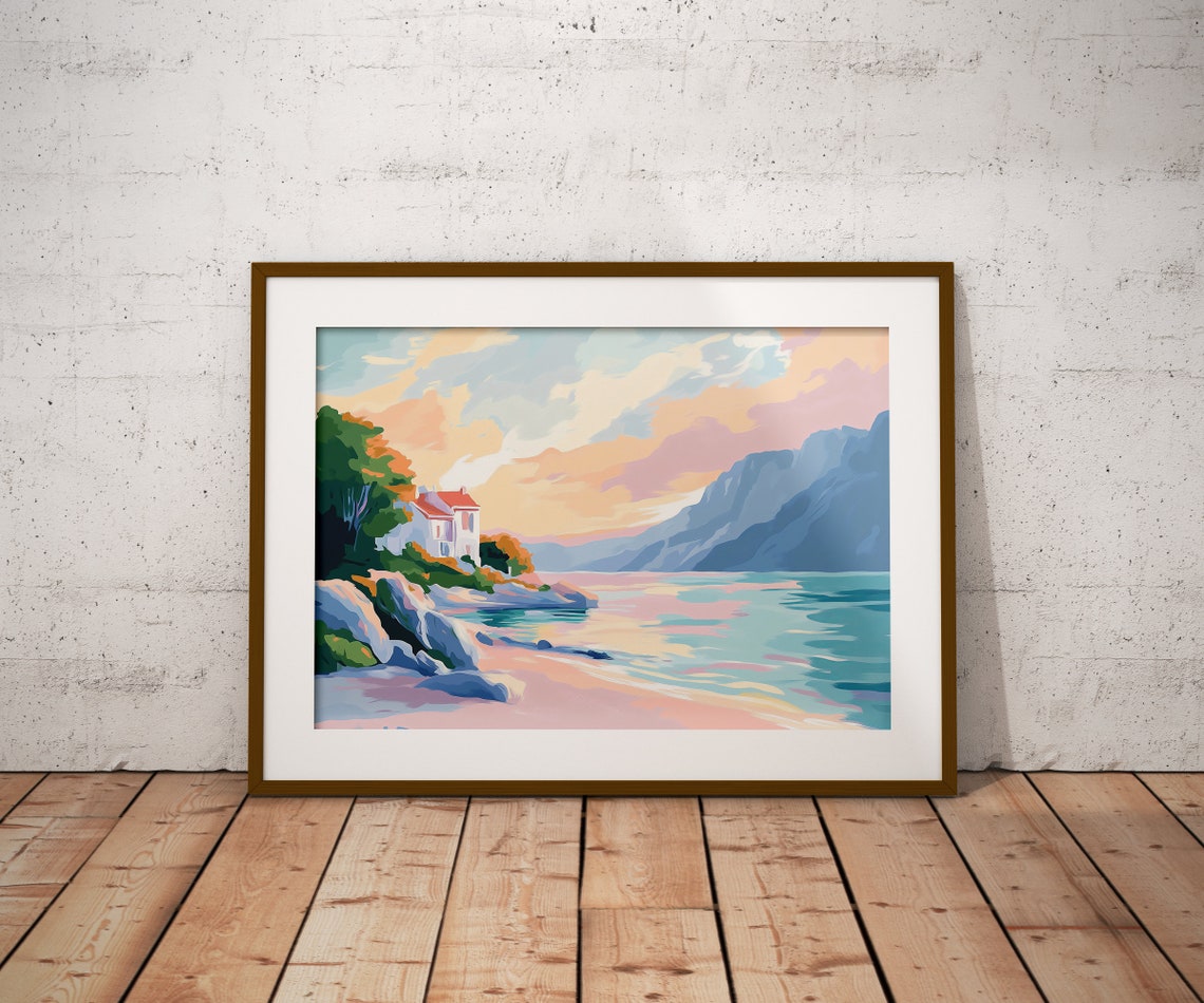 White House with Red Roof on Pink Beach Coastal Sunset View Poster - Image 2