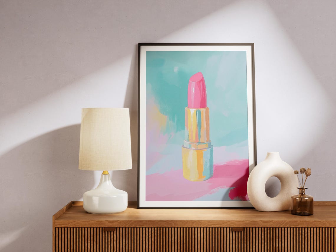 Pink Lipstick In Gold Tube On Pastel Pink And Teal Canvas Wall Art - Image 4