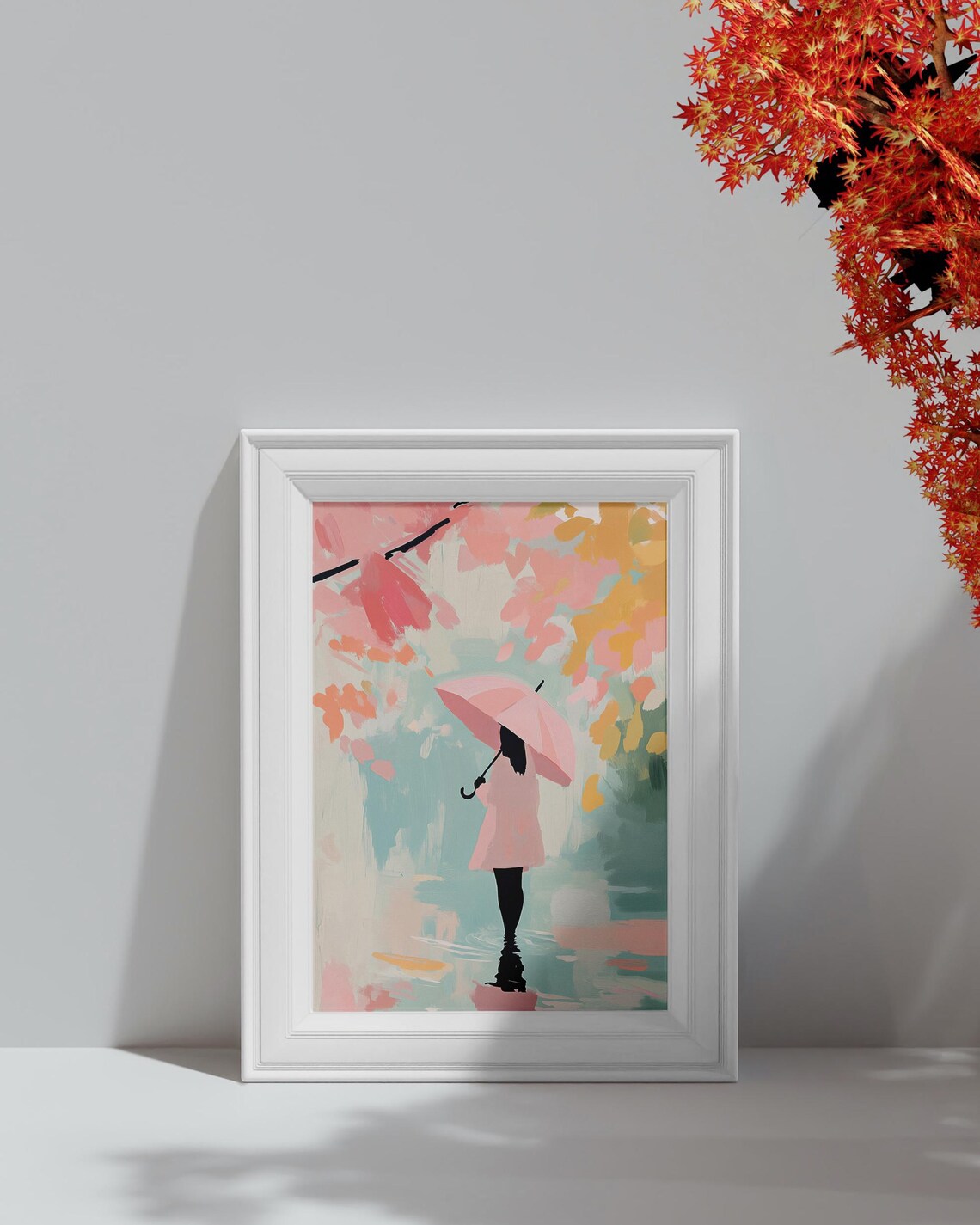 Girl with Pink Umbrella Walking in Rainy Autumn Pastel Coquette Wall Poster - Image 4