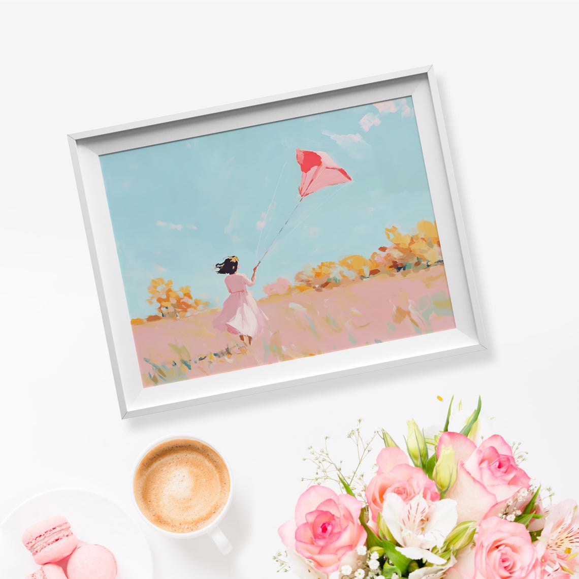 Soft Pastel Girl With Red Kite Red Kite Painting Girl Chasing Kite Child With Kite Autumn Field Art Soft Pastel Painting Colorful Sky - Image 5