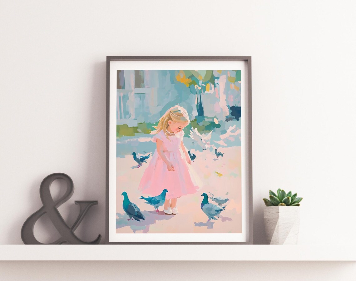 Little Girl Pink Dress Feeding Pigeons Sweet Pastel Nursery Poster - Image 2