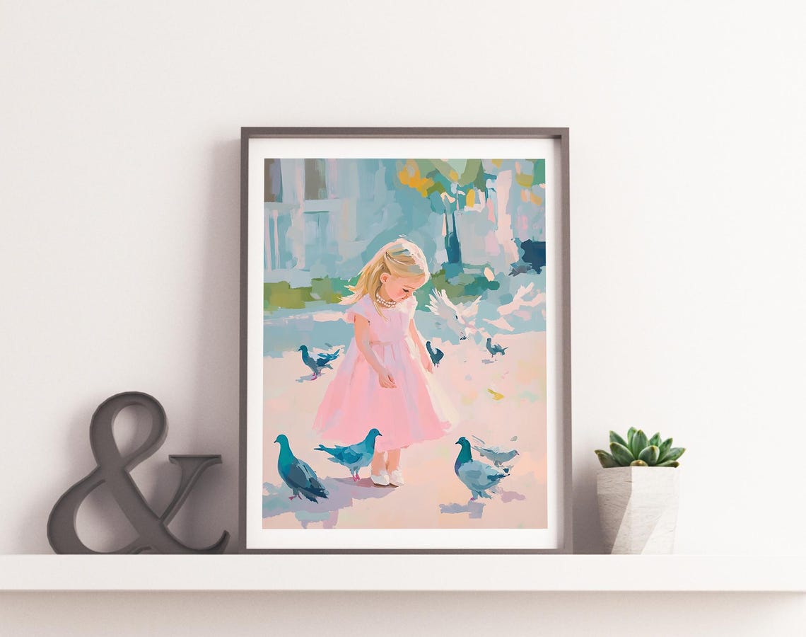 Pastel Toddler With Pigeons Watercolor Baby Toddler Girl Art Happy Baby Girl Art Blonde Girl Art Pastel Baby Girl Art Flying Pigeons - Image 2