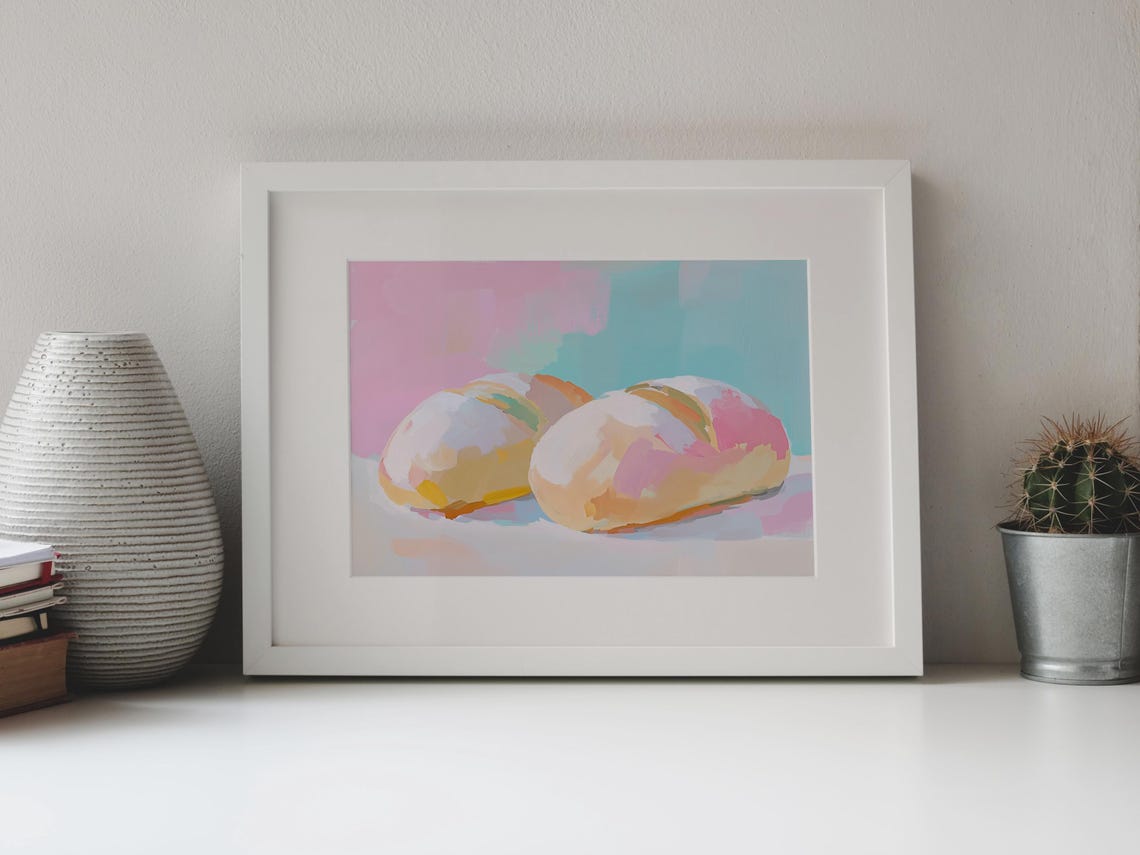Fresh Bread Loaves Pastel Still Life Painting Pink Mint Kitchen Poster - Image 4