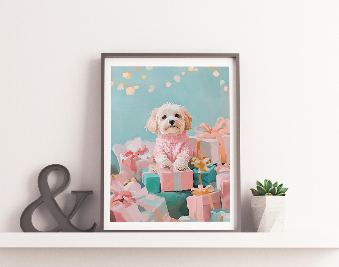Cream Puppy In Pink Knit Sweater On Pastel Gift Boxes Holiday Poster - Image 2