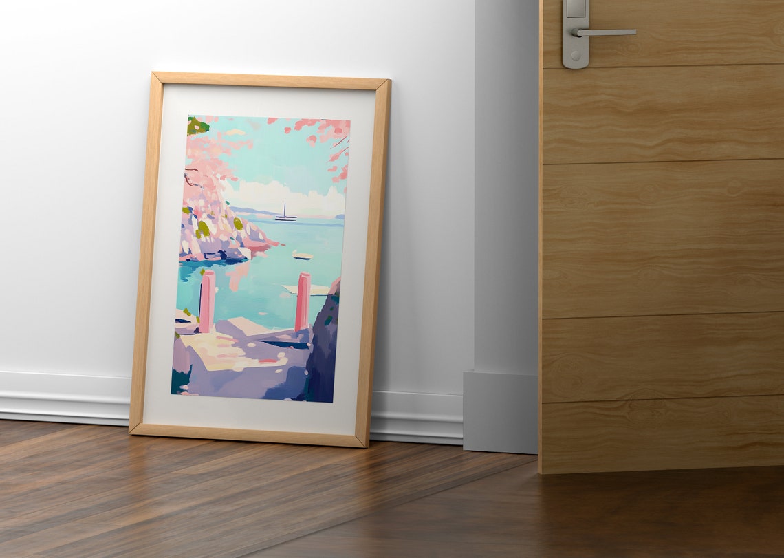 Cherry Blossom Cove Sailboat Pink Coastal Bay Wall Art Print - Image 2