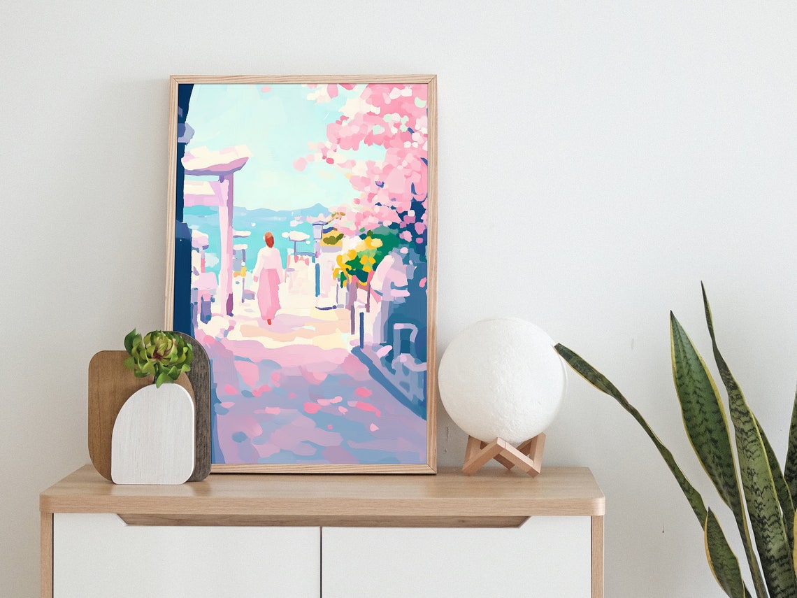 Woman Walking Through Torii Gate to Ocean Japan Cherry Blossom Poster - Image 2