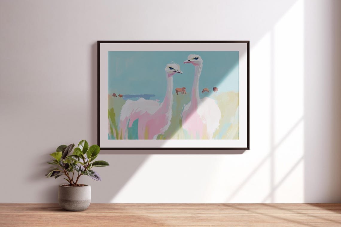 Pink Ostrich Painting Soft Pastel Birds Savannah Art Print Ostrich Nursery Art Pink Animal Painting Ostrich Pastel Watercolor Ostrich - Image 3