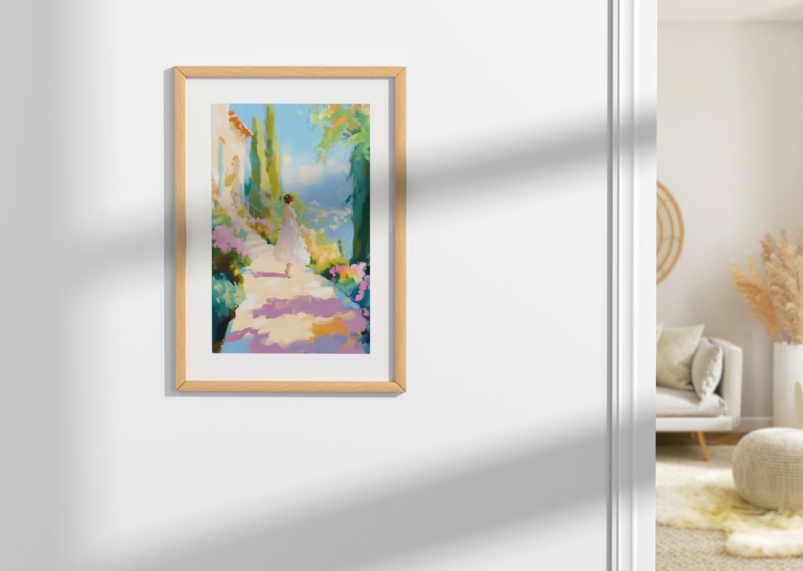 Woman Walking Mediterranean Villa Garden Flower Path Travel Poster - Image 2