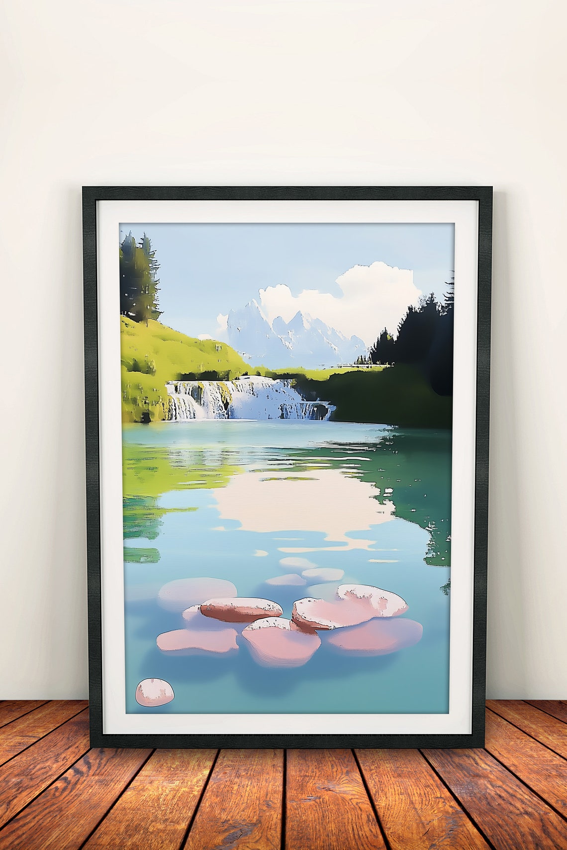 Scenic Alpine Waterfall Into Turquoise Mountain Lake Nature Poster - Image 2