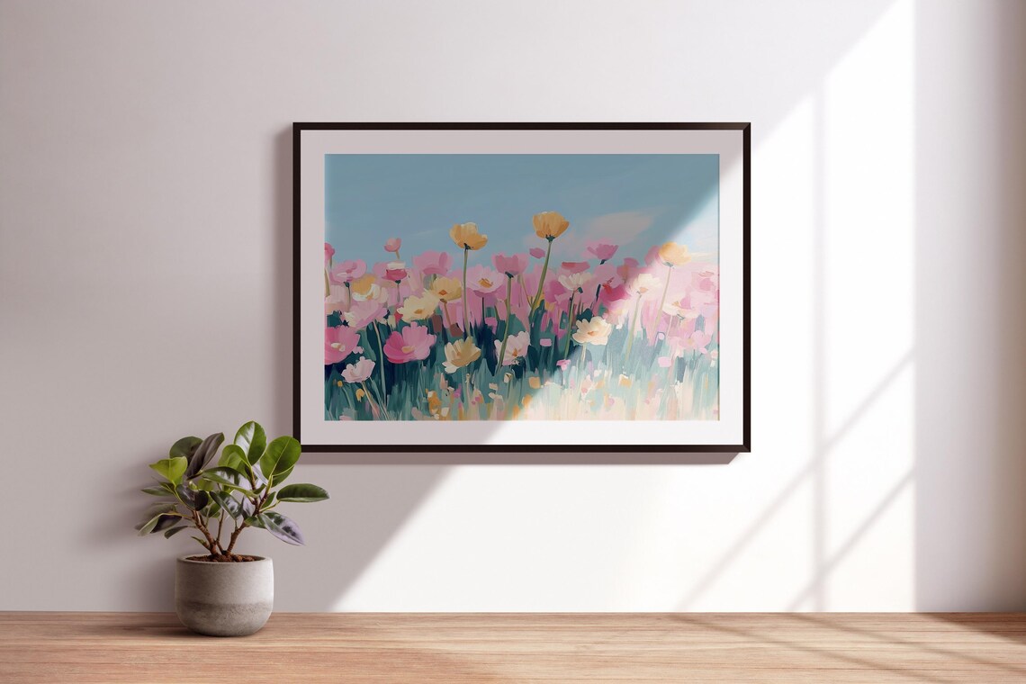 Wild Poppies Field Pink Yellow Blossoms Blue Sky Pastel Painting Poster - Image 3