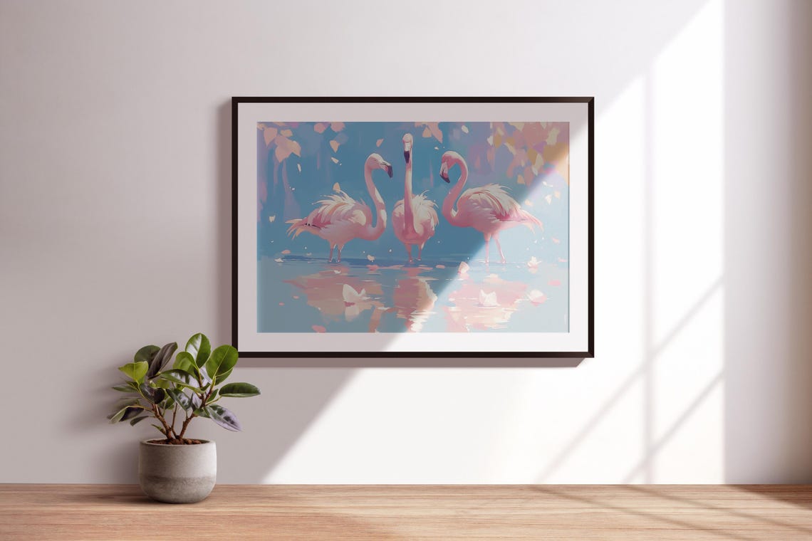 Three Pink Flamingos Shallow Water Reflections Pastel Wildlife Poster - Image 3