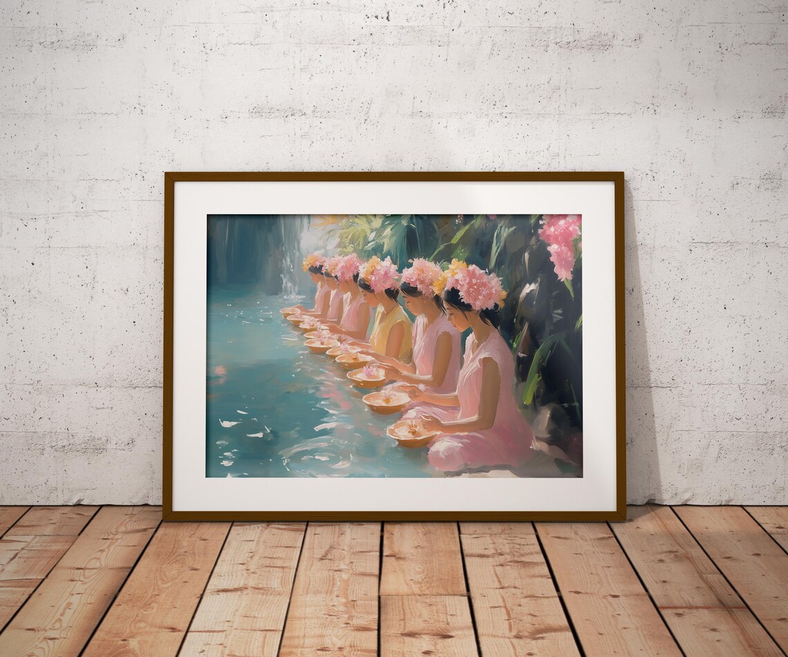 Bali Prayer Women Flower Crowns Offering Bowls Temple Pool Tropical Poster - Image 2