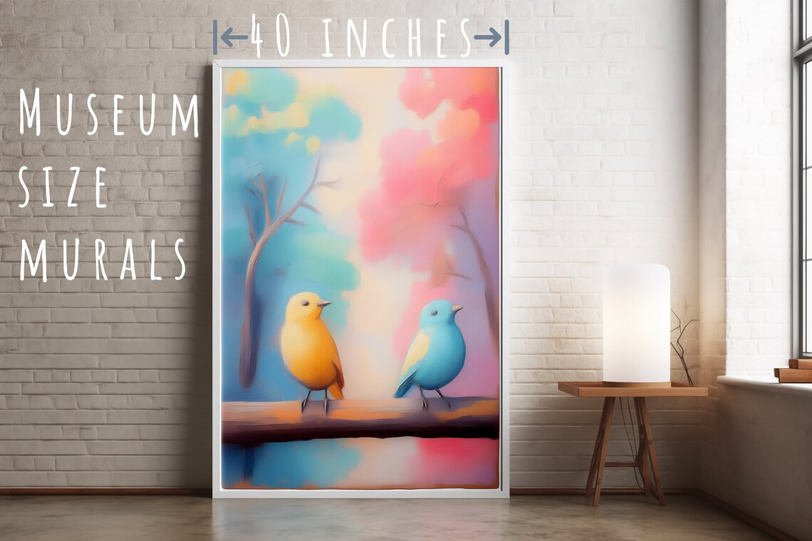 Two Colorful Birds on a Branch Yellow and Blue Pastel Wall Art Poster - Image 5