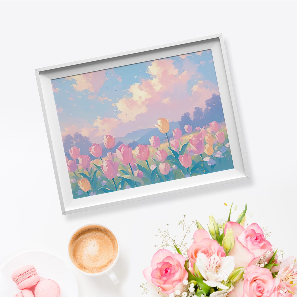 Field Of Pink Tulips Under Pastel Clouds Spring Bloom Art Poster - Image 5