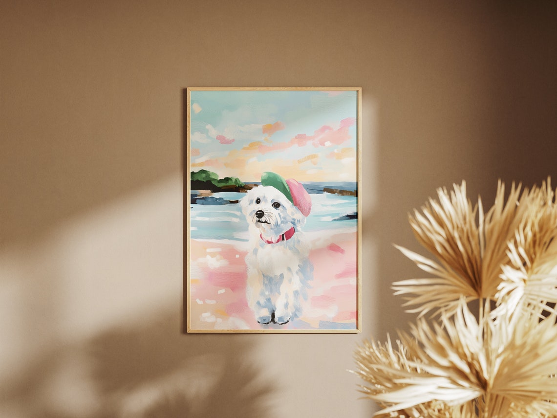 Funny White Fluffy Dog Wearing Cap Pink Beach Pastel Art Print - Image 4