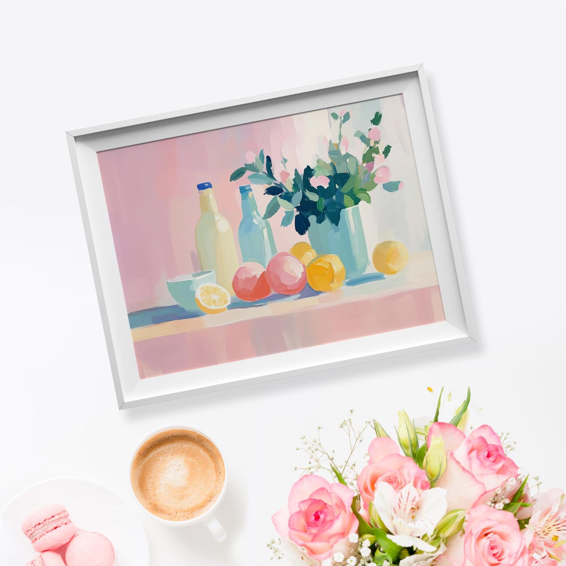 Pastel Still Life Lemons Bottles and Flowers Kitchen Wall Art Print - Image 5