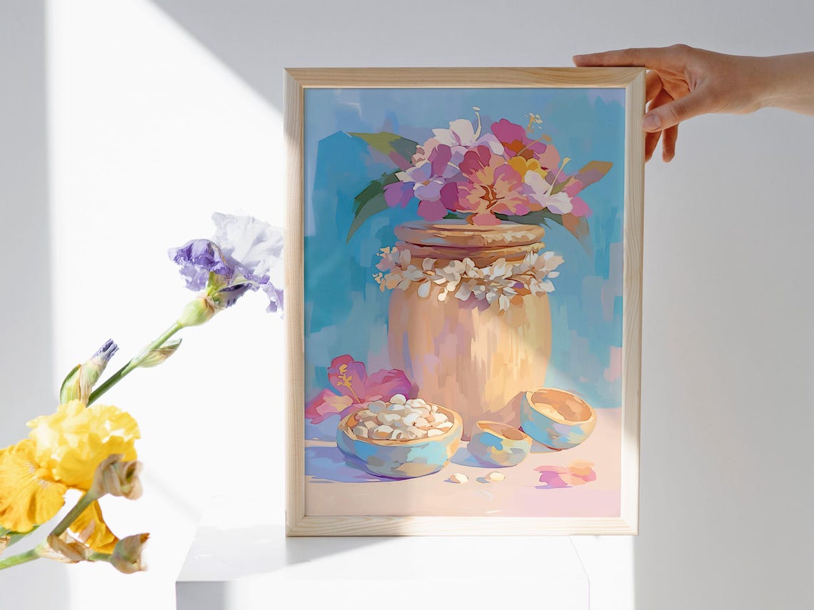 Clay Jar Pink Flowers Shell Bowls Pastel Still Life Kitchen Art Poster - Image 2