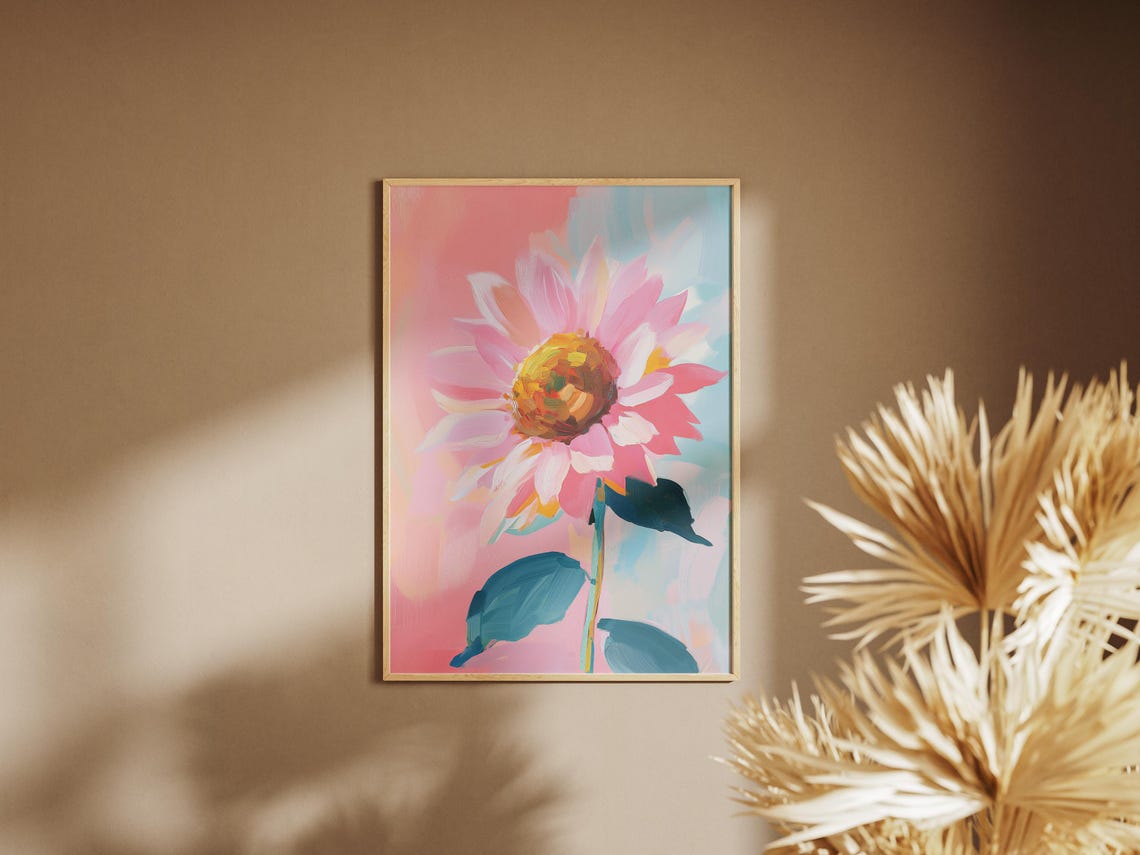 Pink Sunflower Single Bloom Teal Leaves Pastel Floral Art Poster - Image 4