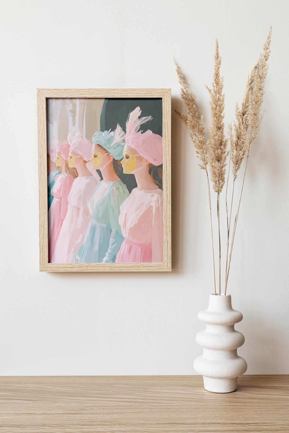 Women In Venetian Masquerade Masks Pastel Gowns Feathered Painting Poster - Image 4