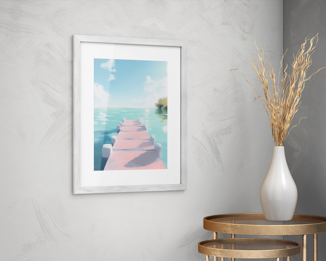 Pastel Pink Dock on Turquoise Sea Serene Coastal Travel Poster - Image 2