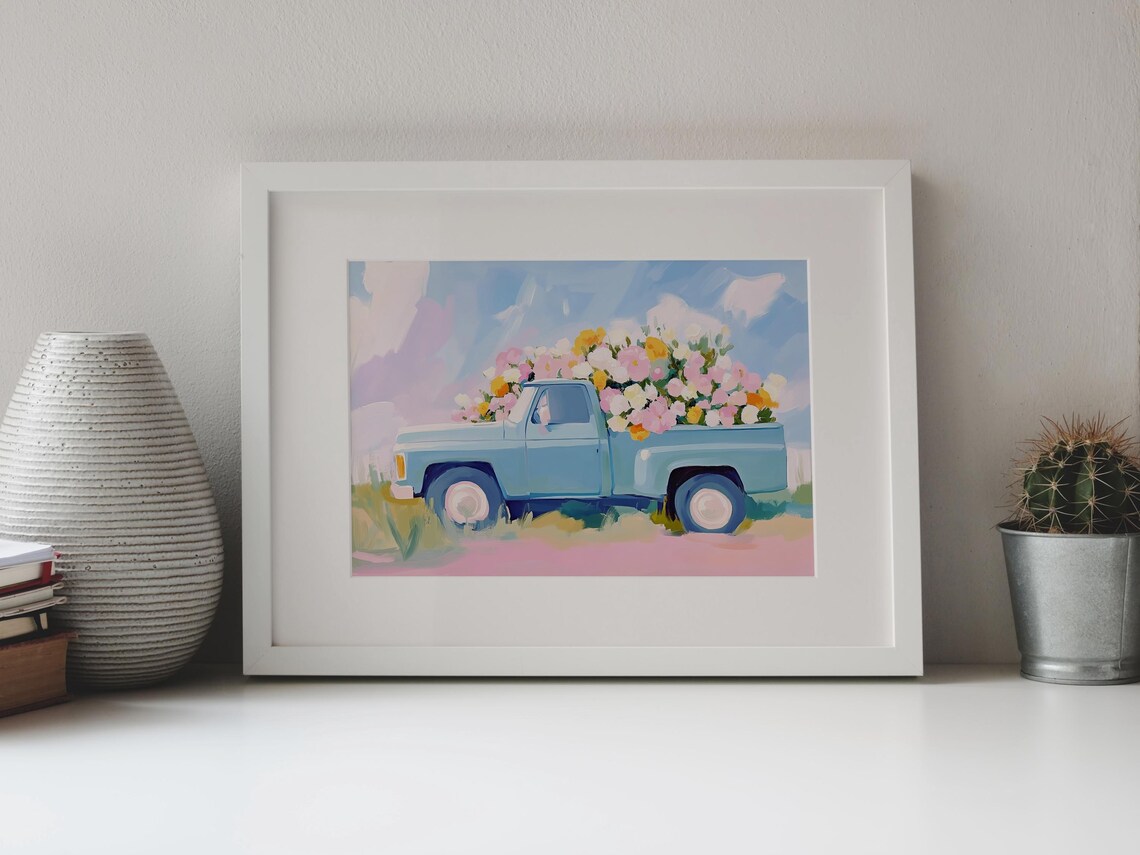 Vintage Blue Pickup Truck Full Of Flowers Pastel Spring Painting Poster - Image 4