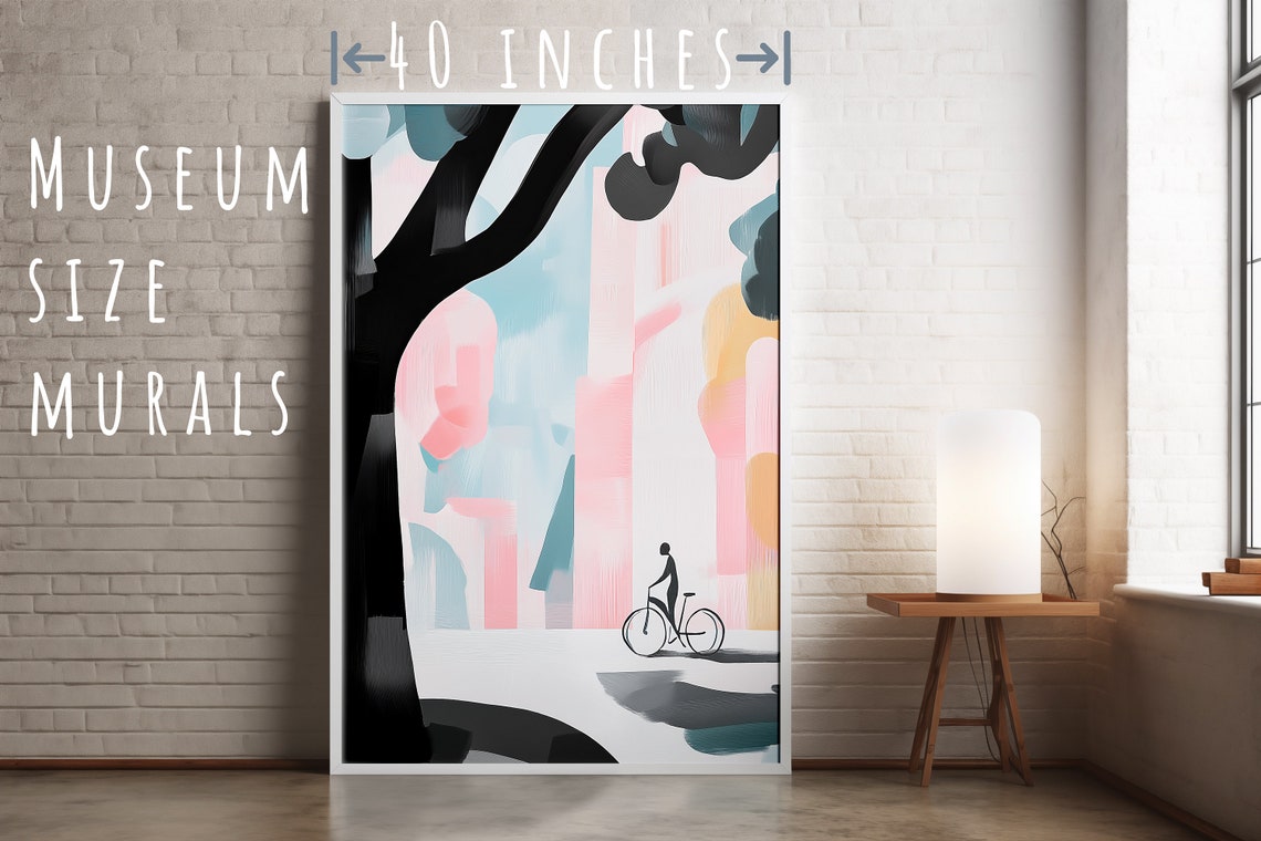 Silhouette Cyclist Under Big Tree Pastel City Street Art Poster - Image 5
