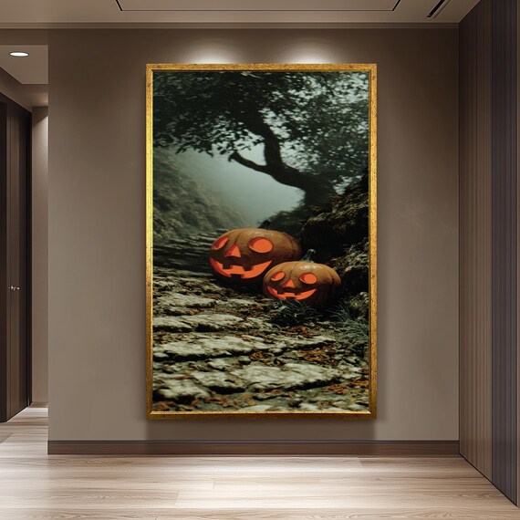 Happy Jackolantern Pumpkins On Forest Stone Path Canvas Wall Art For Whimsical Halloween And Autumn Home Decoration Living Room