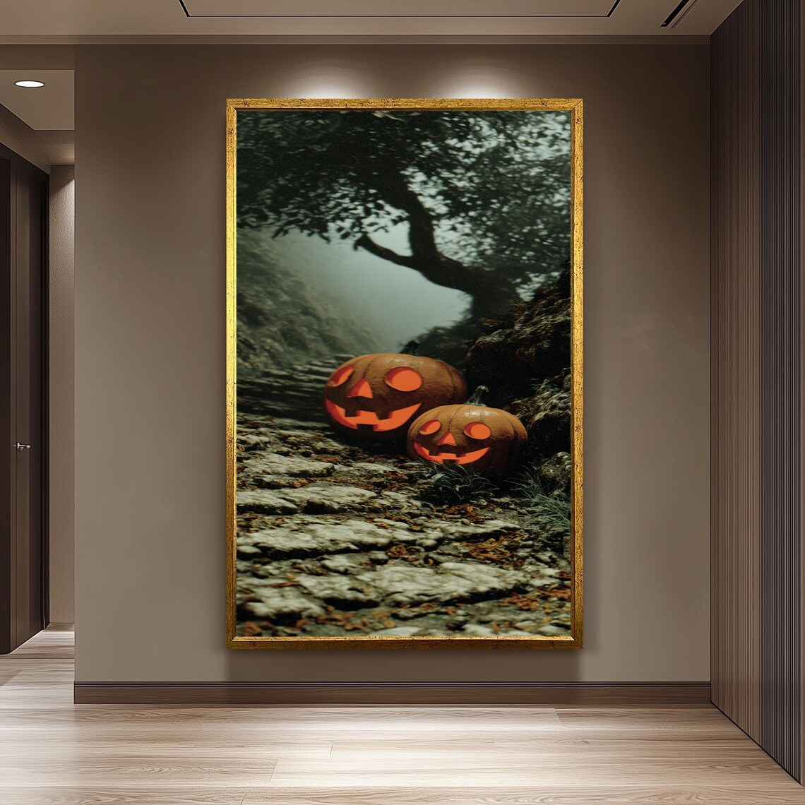 Glowing Jack O Lanterns on Misty Forest Stone Path Halloween Photo Poster