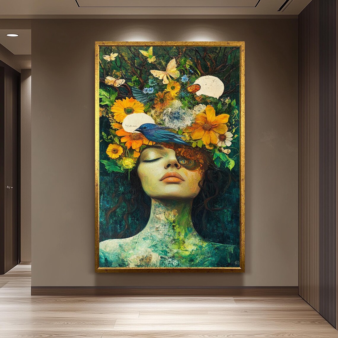 Surreal Woman Portrait With Bird And Flowers Art Print