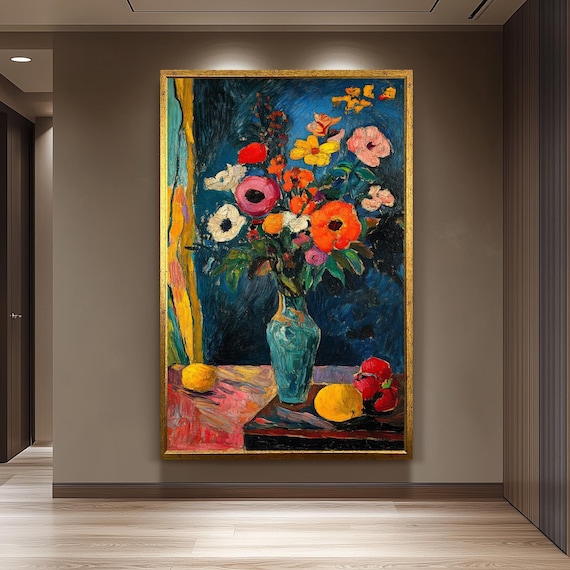 Matisse Style Colorful Floral Bouquet Blue Vase Fruit Still Life Poster