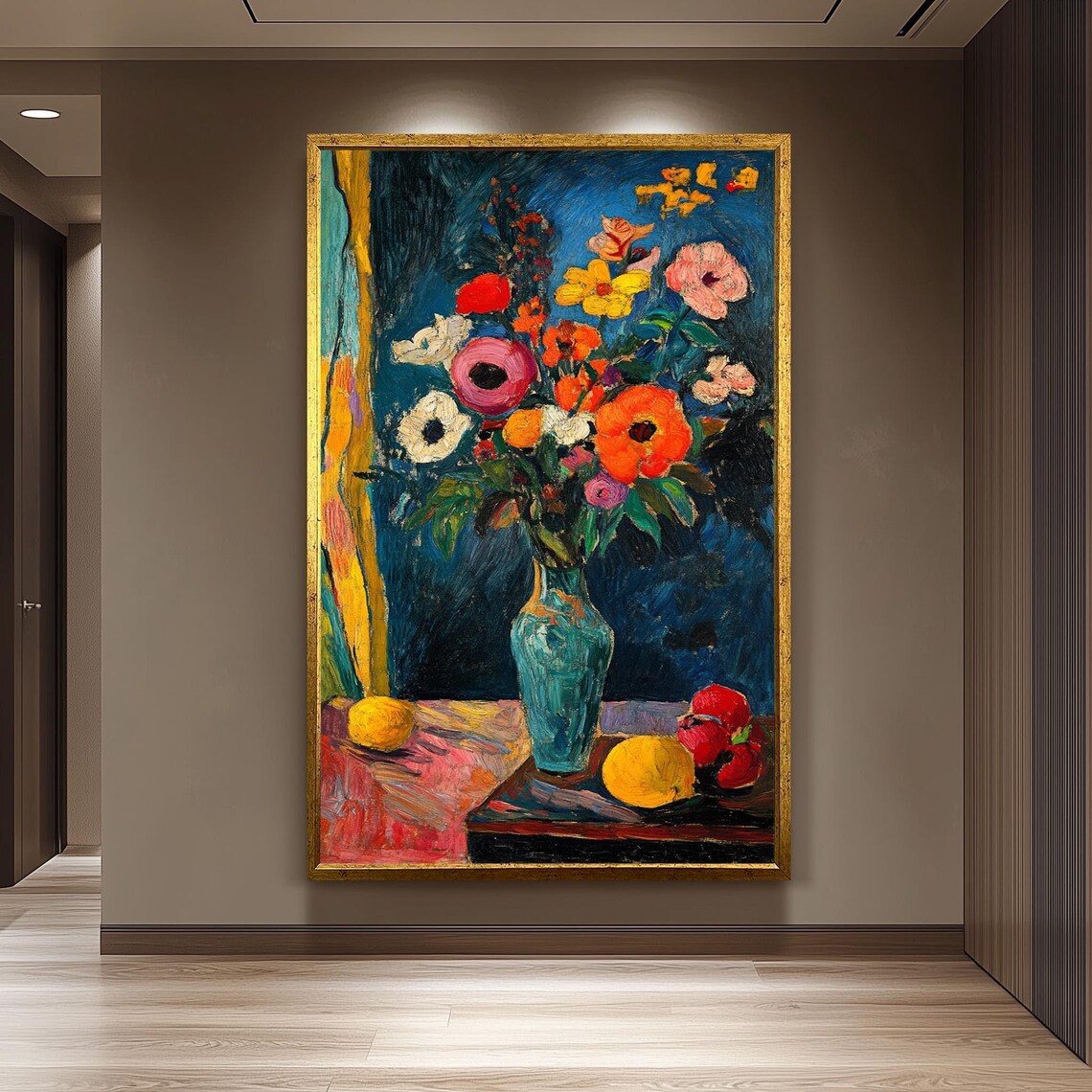 Matisse Style Colorful Floral Bouquet Blue Vase Fruit Still Life Poster