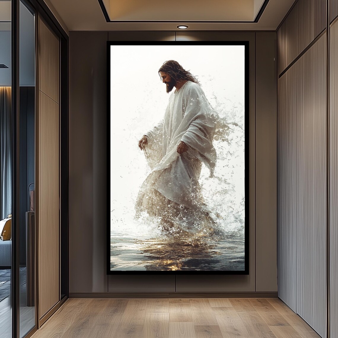 Jesus Christ Walking on Water Golden Faith Watercolor Style Poster