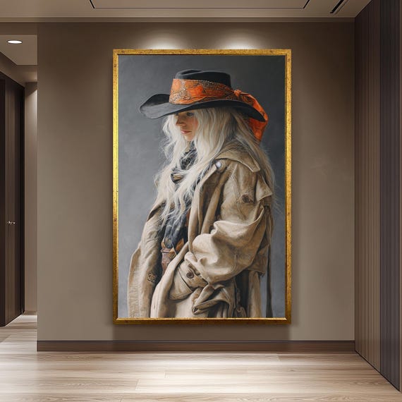 Western Cowgirl Abstract Oil Painting Realistic Blonde Woman In Cowboy Hat Wall Art Rustic Country Girl Canvas For Home Decor