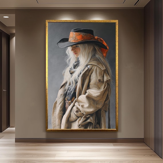 Western Cowgirl Realistic Oil Painting Blonde Woman Tan Coat Poster