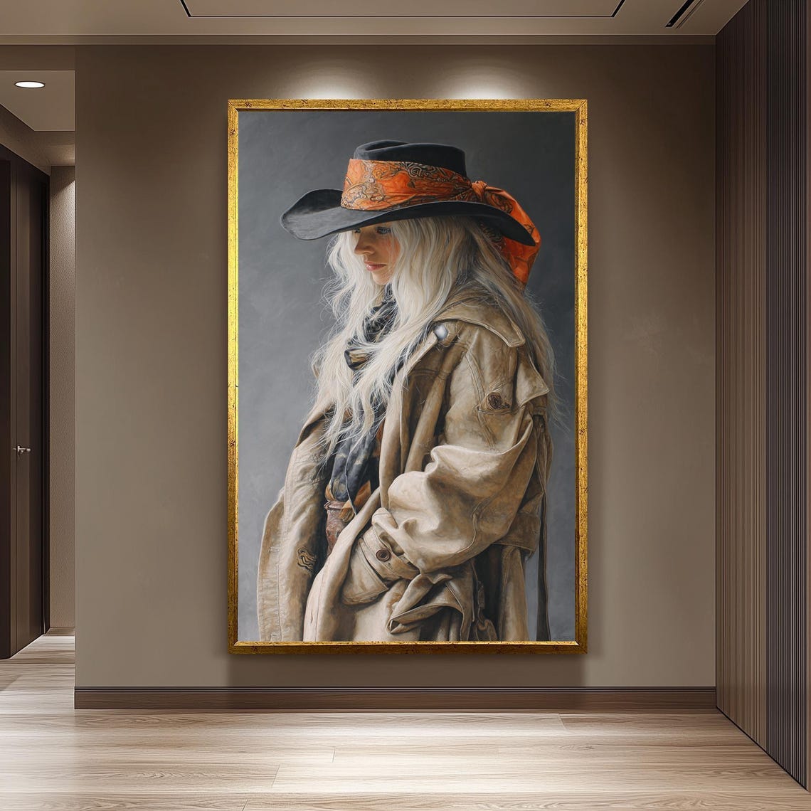 Western Cowgirl Abstract Oil Painting Realistic Blonde Woman In Cowboy Hat Wall Art Rustic Country Girl Canvas For Home Decor
