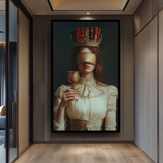 Blindfolded Woman Canvas Print Dark Academia Wall Art Mysterious Gothic Portrait Decor For Bedroom Study Or Creative Space