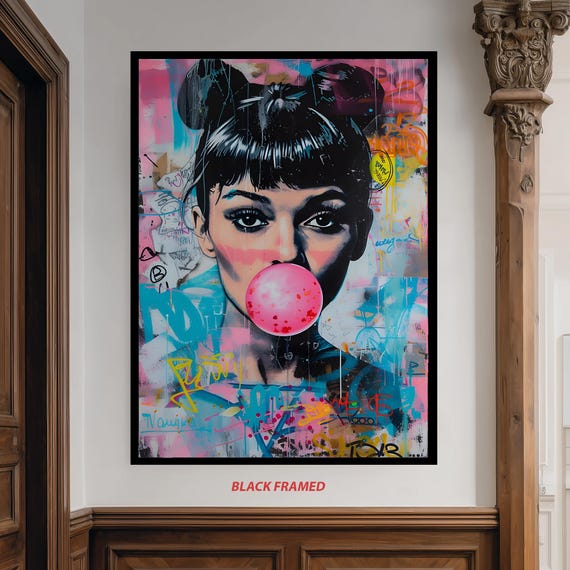 Urban Street Art Canvas Of Woman Blowing Pink Bubblegum With Graffiti And Neon Colors For Modern Pop Bold Wall Decor