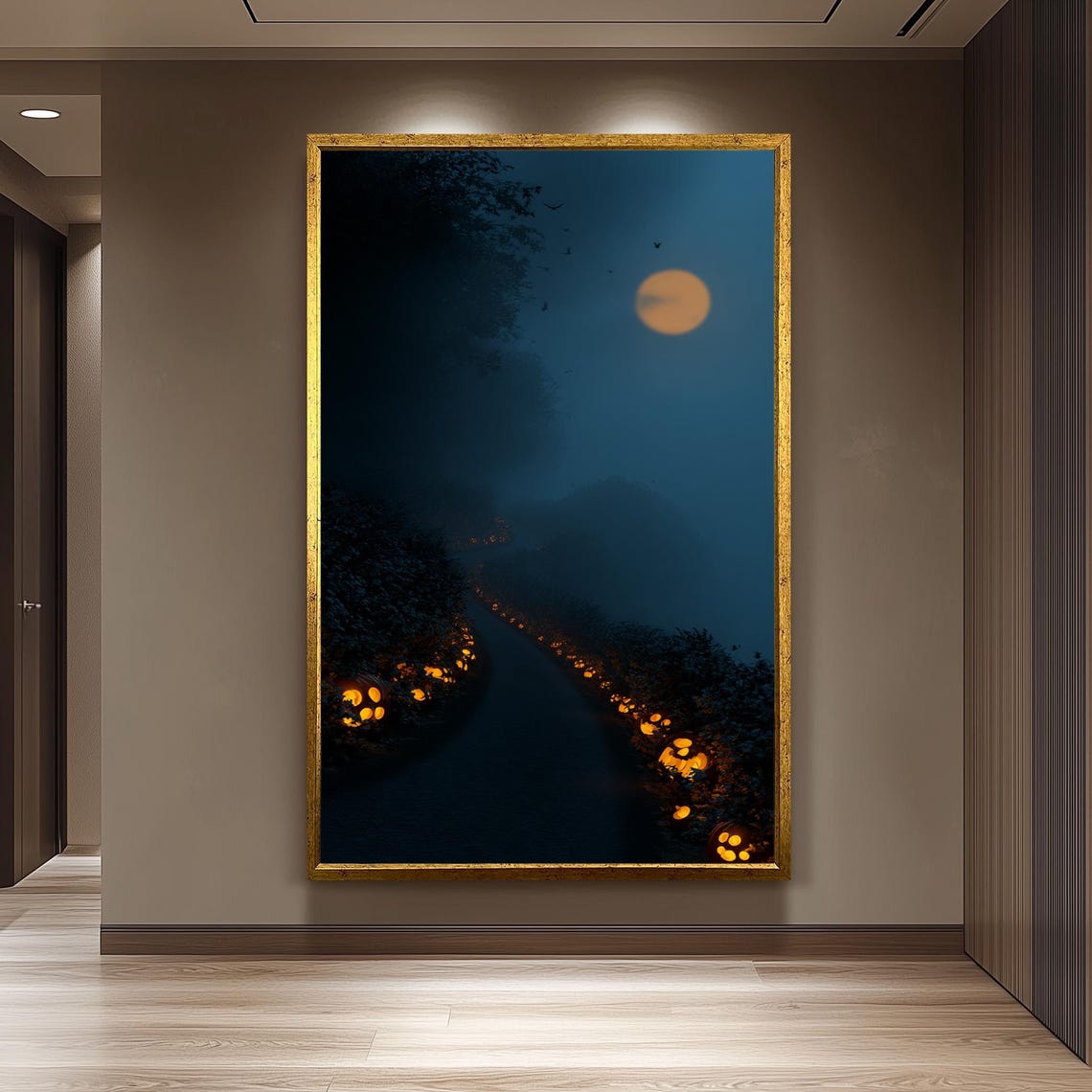 Haunted Forest Path At Night Glowing Jackolanterns Moon Poster