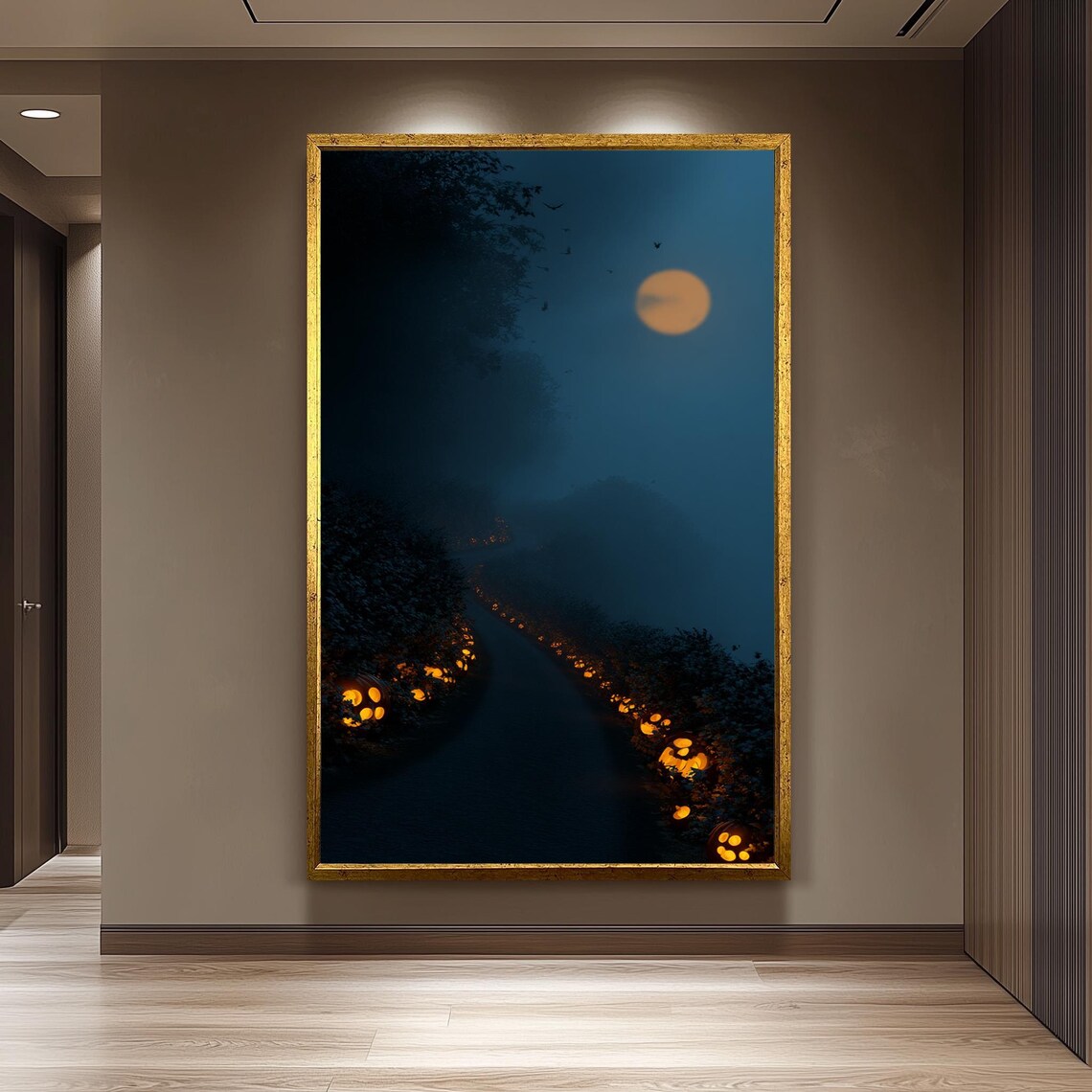 Haunted Forest Path At Night With Glowing Jackolanterns Canvas Wall Art For Spooky Halloween Themed Room Decor Living Artwork