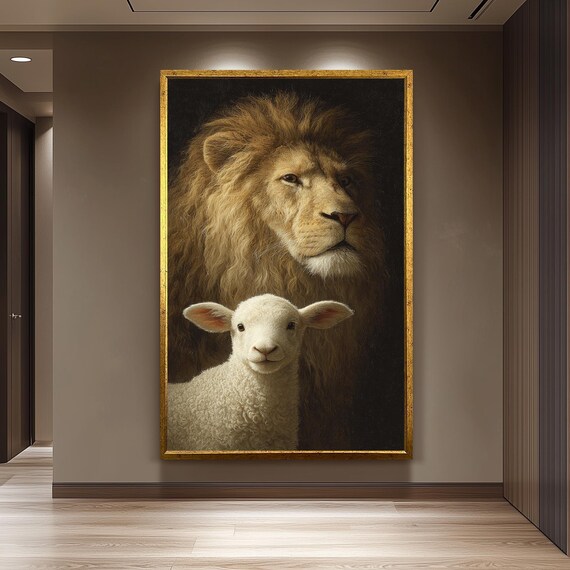 Lion and Lamb Together Symbolic Spiritual Oil Painting Poster