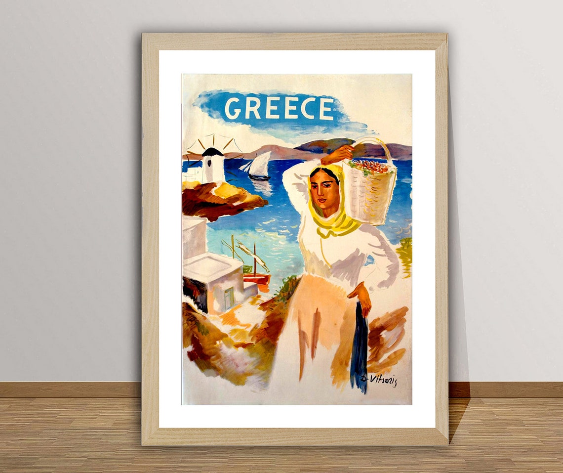 Greece Vintage Travel Poster Greek Island Windmill Coast View